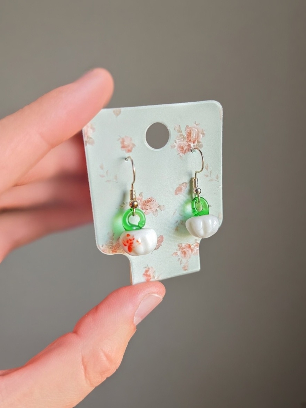 Green and White Ceramic Flower Dangle Earrings